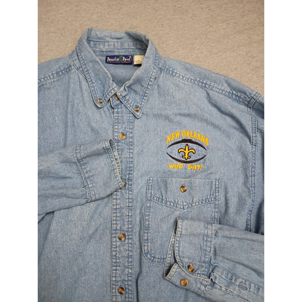 Paradise Point Mens XL Denim Button Down Shirt New Orleans Who Dat Fleur De Lis
